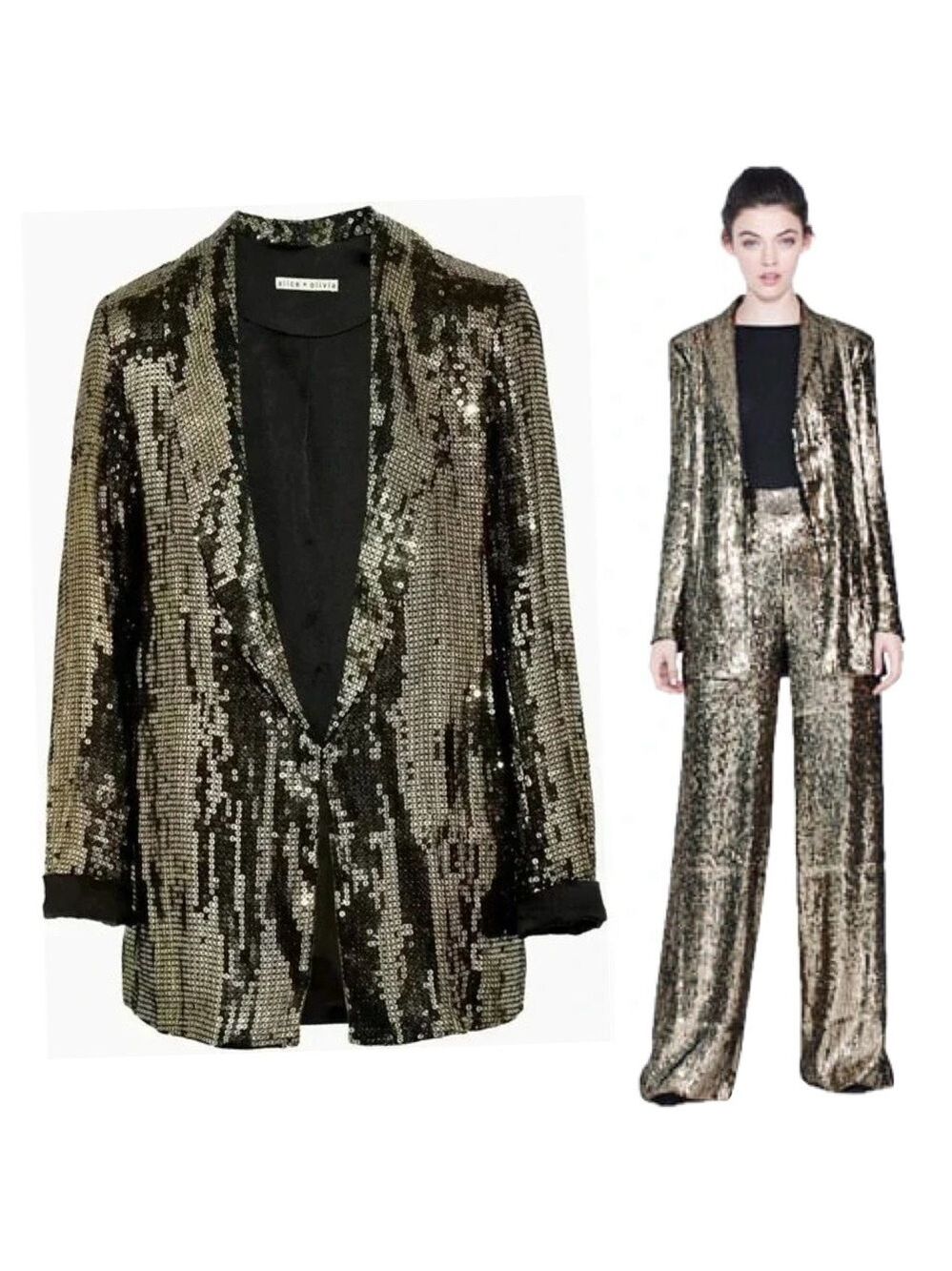 Alice + Olivia Jace Metallic Gold Sequin Shawl-Collar Oversized Blazer Sz S